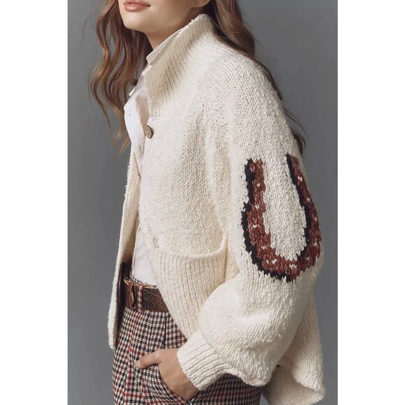 Womens Anthropologie Pilcro Western Horse Cardigan Sweater Equestrian Cream sz L - Picture 2 of 6